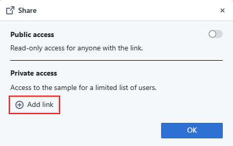 Окно “Share”, добавление ссылки личного доступа